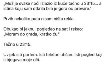„Muž je svake noći izlazio iz kuće tačno u 23:15… a istina koju sam otkrila bila je gora od prevare.“